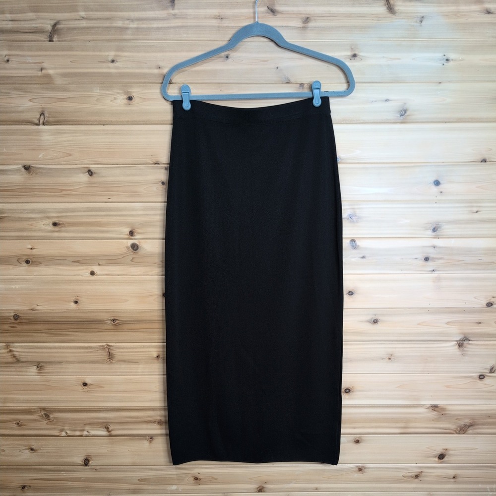 Misook Womens Black Knit Pencil Midi Skirt Side Slit Elastic Waist Size Medium